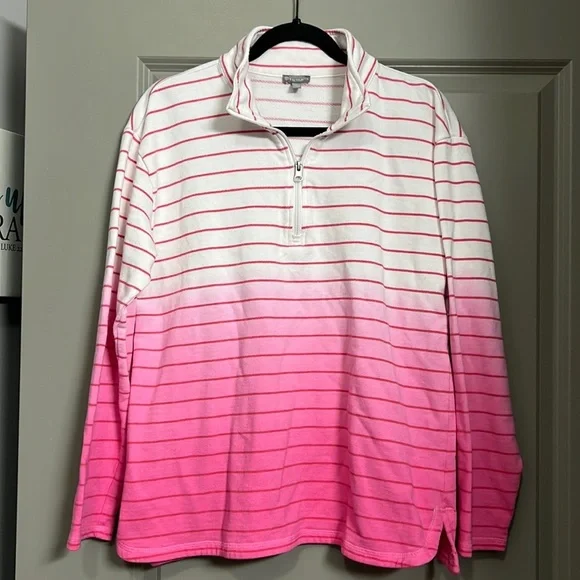 T By Talbots | 1/4 Zip Sweatshirt Pink Ombre Stripe Pullover Size Large - Picture 1 of 5